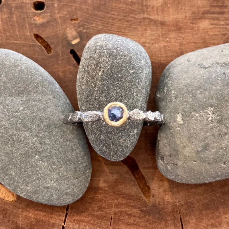 women's sparkling diamond rings -Faceted Sapphire 18K Gold and Textured Sterling Silver Mini Pebbles Stacking Ring