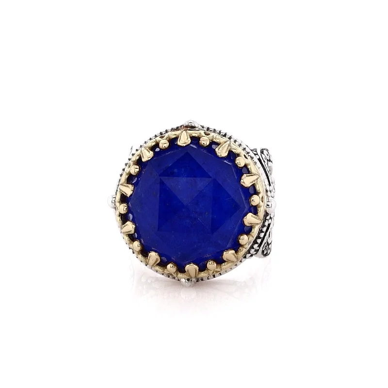 women's art deco rings -Estate Konstantino Sterling Silver and 18 Karat Yellow Gold Round Lapis Doublet Ring