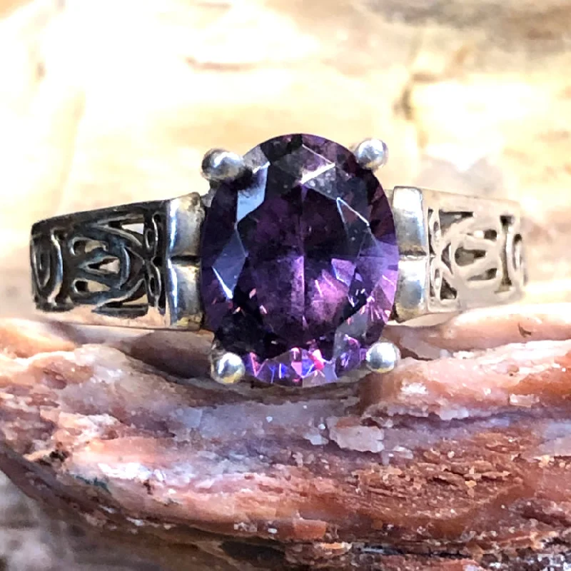 women's birthstone engagement rings -Sterling Silver & Purple CZ Ring Size 7