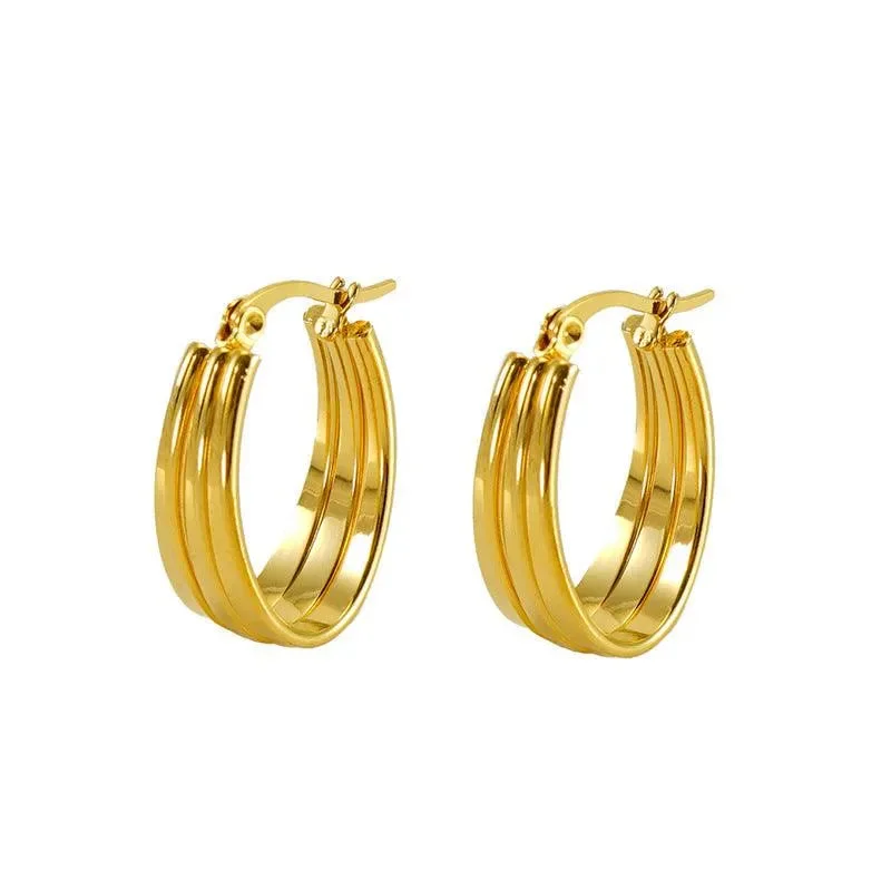 women's polished earrings -Triple-Band 18K Gold Plated Hoop Earrings – Bold and Stylish Design