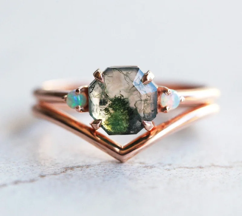 women's vintage style necklaces -Ellie Octagon Moss Agate and Opal Ring Set