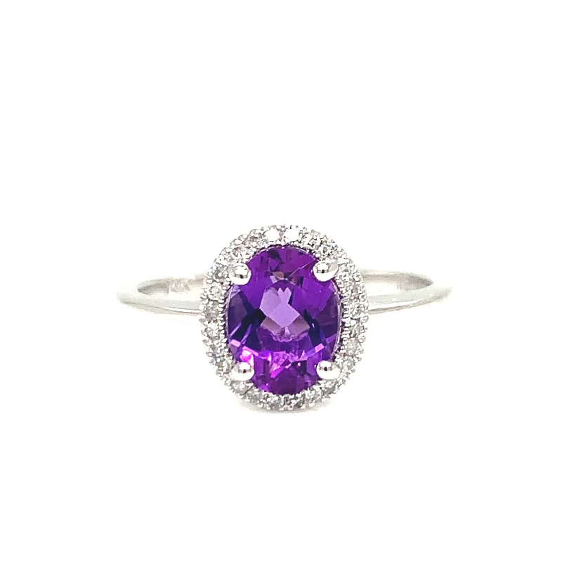 women's wedding band rings -14K white Gold Amethyst with Diamonds Halo Ring