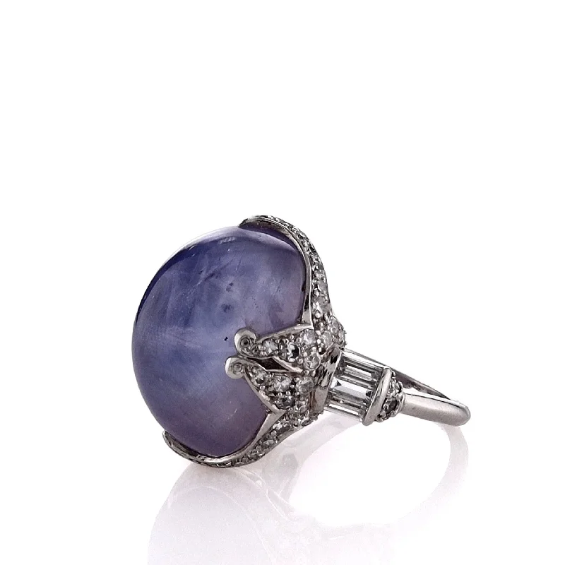 women's creative design rings -Estate Platinum 52.50ct Star Sapphire with Diamond Accent Ring