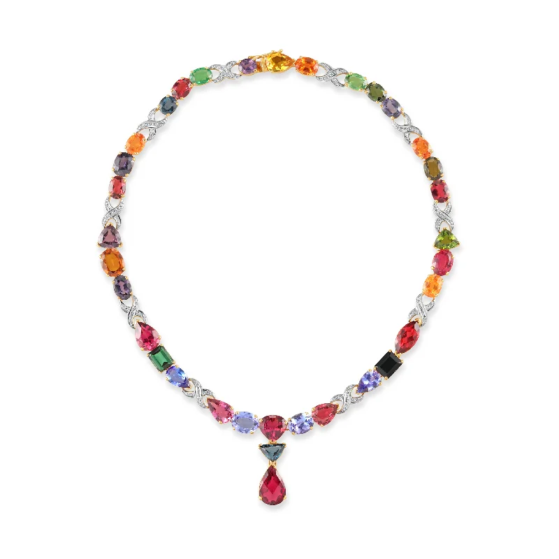 women's luxury diamond necklaces -Multicolor Stone & Diamond Necklace In 18K Yellow Gold