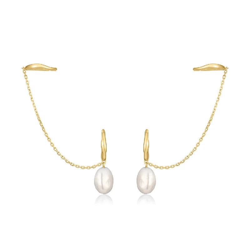 women's trendy gold earrings -Gold Plated Pearl Hoop & Ear Cuff Combo Earrings