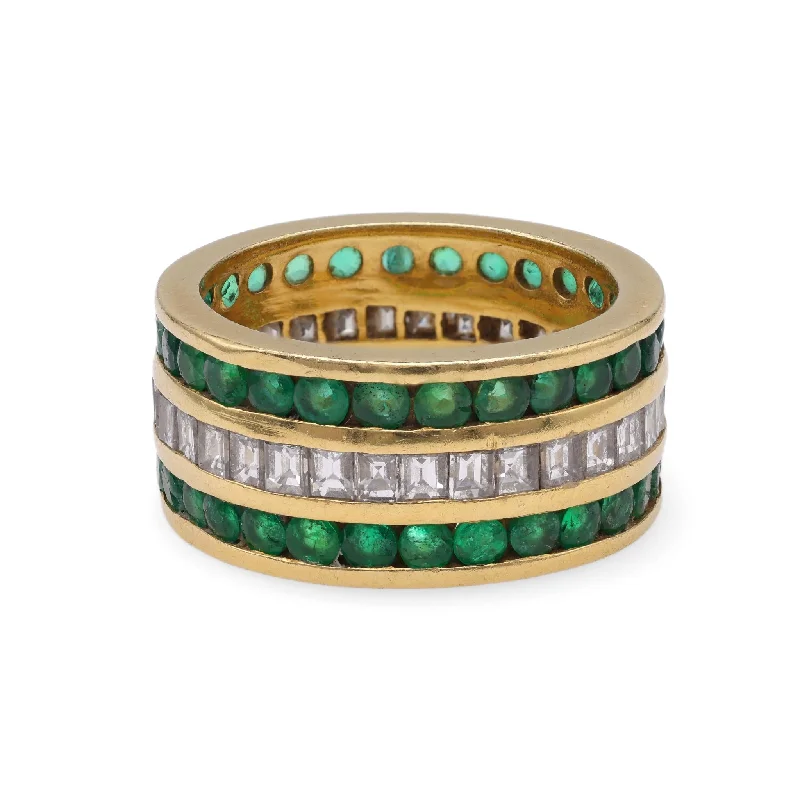 women's layered necklaces -Vintage Diamond Emerald Three Row Yellow Gold Ring