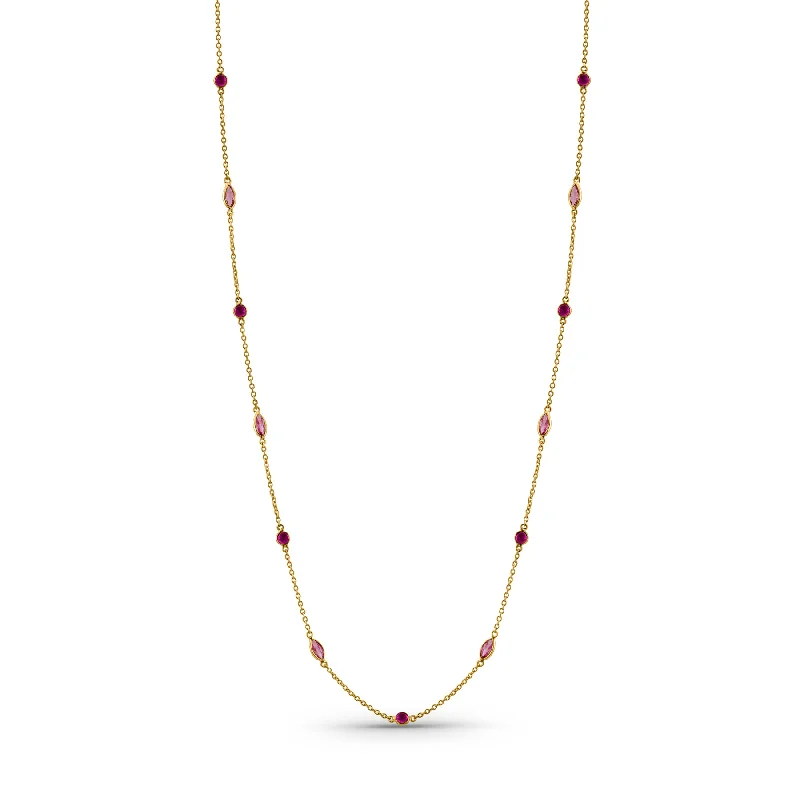 women's classic pearl necklaces -Ruby Round & Pink Sapphire Marquise Necklace  In 18K Yellow Gold