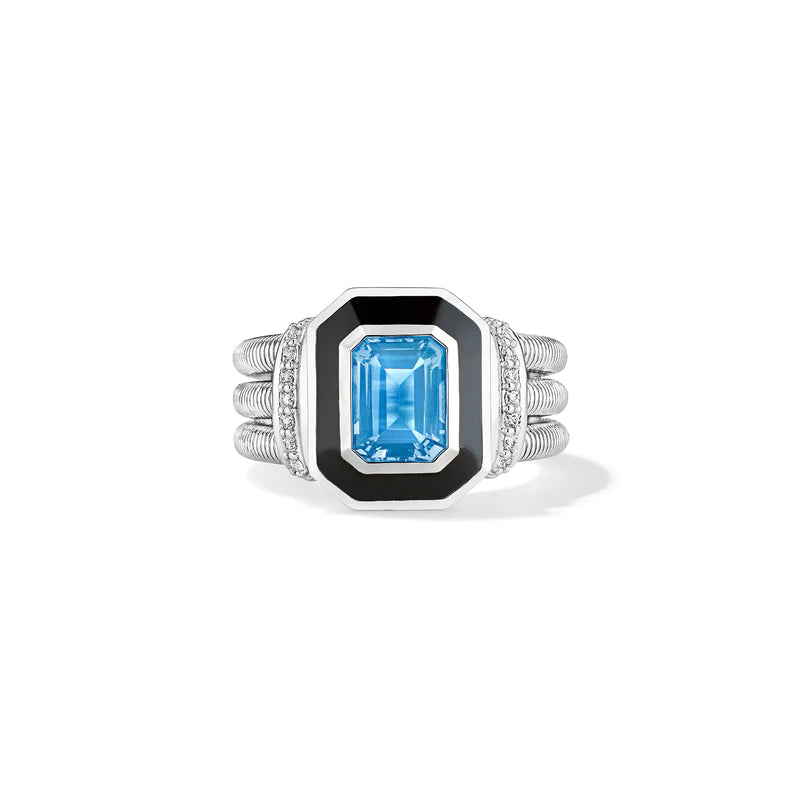 women's luxury gemstone rings -Judith Ripka Sterling Silver Adrienne Ring with Enamel, Swiss Blue Topaz and Diamonds