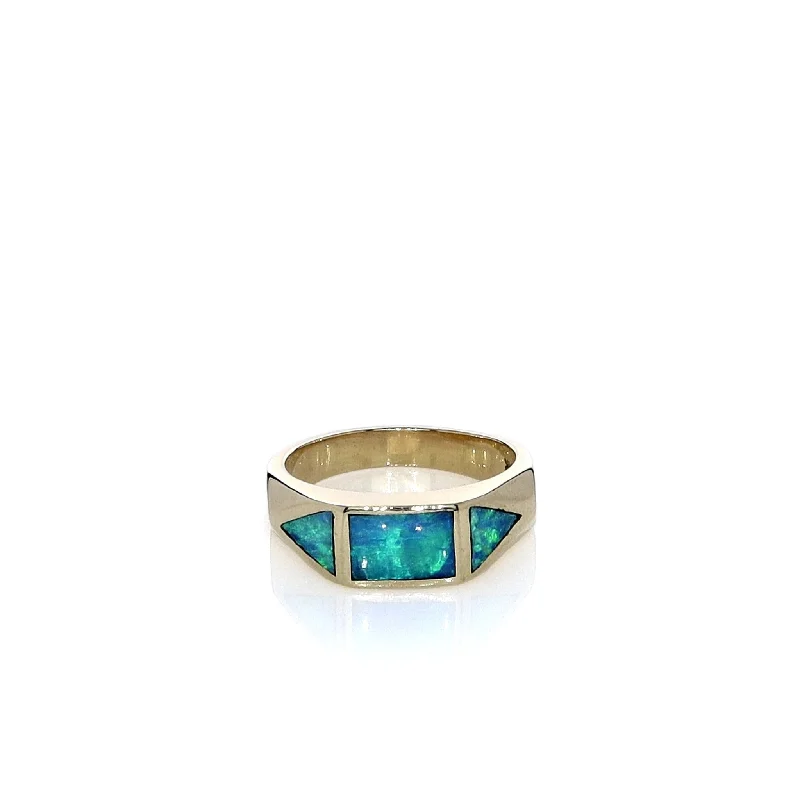 women's moon and star rings -Estate 14k Yellow Gold Rectangle and Triangle Opal Inlay Ring