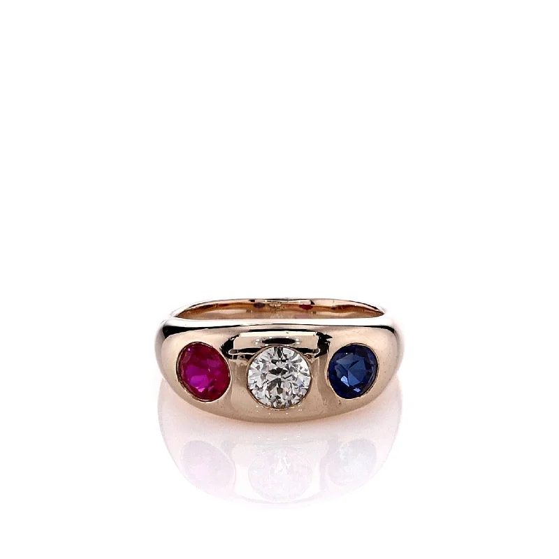 women's sterling silver fashion rings -Estate 14k Yellow Gold Gent's Diamond and Synthetic Ruby and Sapphire Design Ring