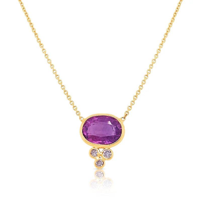 women's minimalist necklaces -Pink Tourmaline Oval & Diamond Round Necklace In 18K Yellow Gold