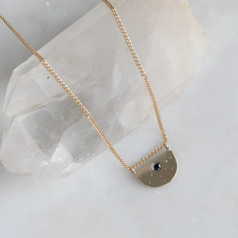 women's minimalist gold necklaces -The Black Diamond Half Moon Stardust Necklace | 14K Yellow Gold