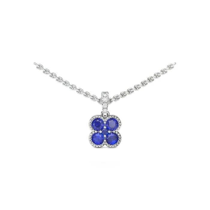 women's minimalist necklaces -Fana Magnolia Milgrain Sapphire Pendant Necklace in 14K White Gold