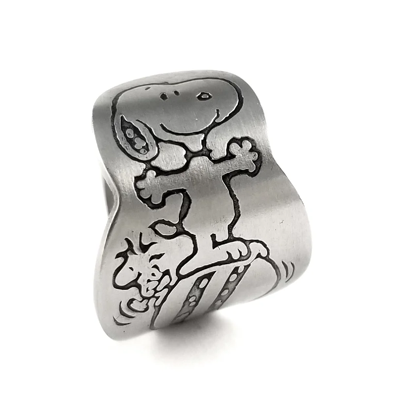 women's high-end rings -Snoopy & Woodstock Balancing on a Ball Stainless Steel Spoon Ring