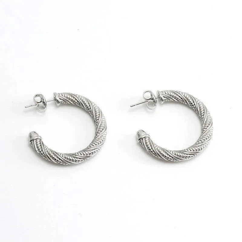 women's minimal design earrings -Silver Twisted Rope Hoop Earrings