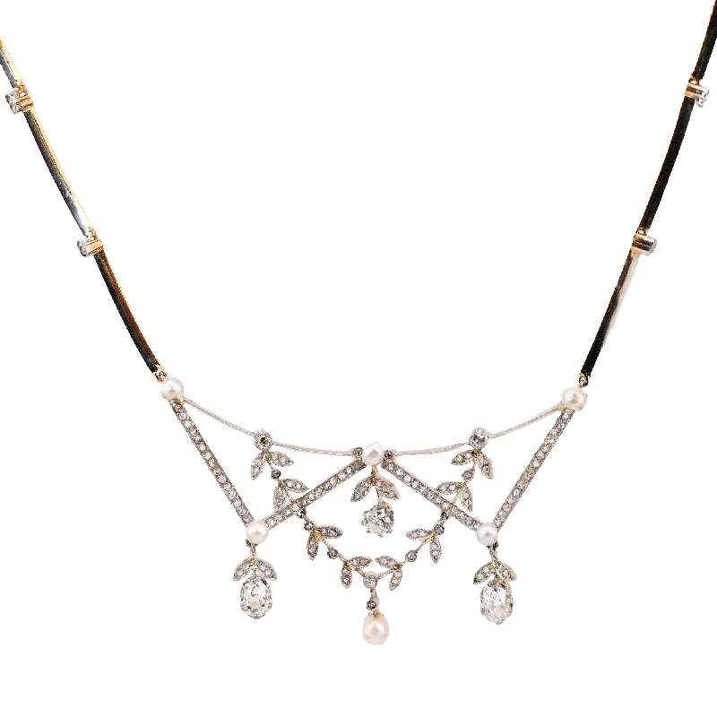 women's long necklaces -Antique 3 carat total weight diamond pearl 18k yellow gold hinged necklace