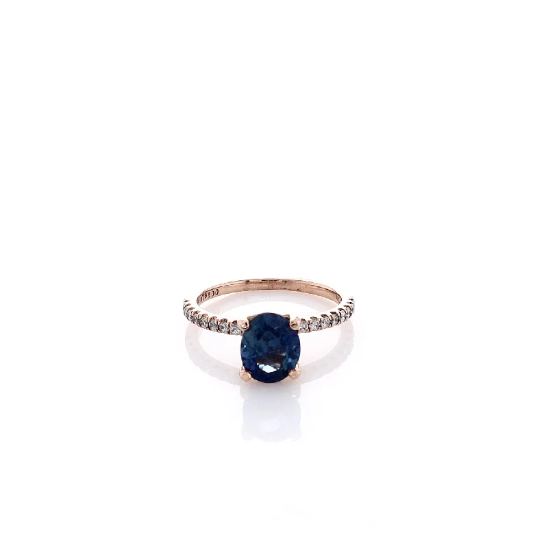 women's sterling silver wedding bands -Estate 14k Rose Gold Oval Sapphire Micropave Gemstone Ring