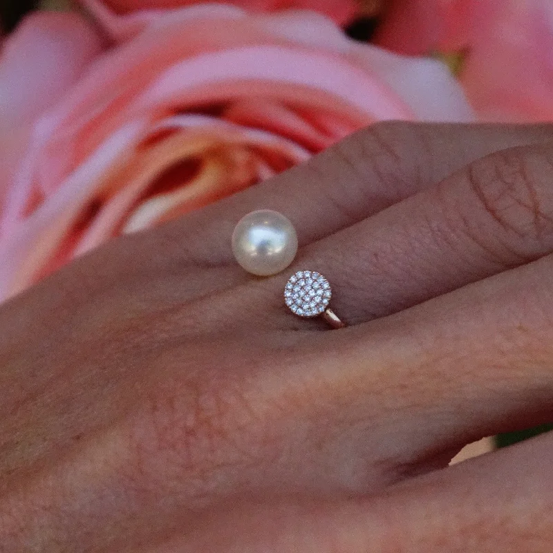 women's wedding ring sets -Mini Diamond Disc and Pearl Ring