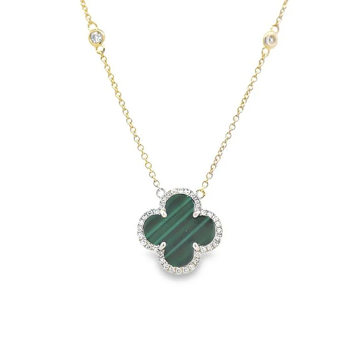 women's gold necklaces -Mountz Collection Malachite and Diamond Clover Pendant Necklace in 14K Yellow Gold