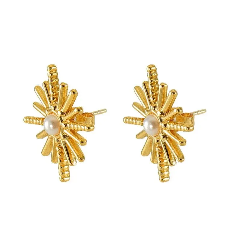 women's silver stud earrings -Gold-Plated Sunburst Pearl Stud Earrings – Classic Stainless Steel Earrings