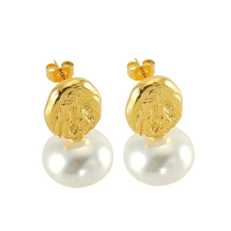 women's custom gold earrings -Gold-Plated Geometric Simulated Pearl Drop Earrings – Trendy Fashion Earrings