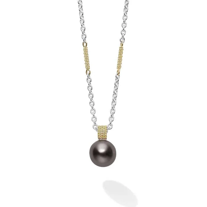 women's sterling silver chain necklaces -LAGOS Two-Tone Tahitian Black Pearl Pendant Necklace in Sterling Silver and 18K Yellow Gold