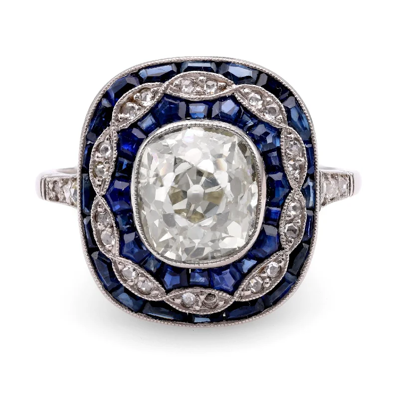 women's custom necklaces -Art Deco Inspired 2.24 Carat Old Mine Diamond Sapphire Platinum Dinner Ring