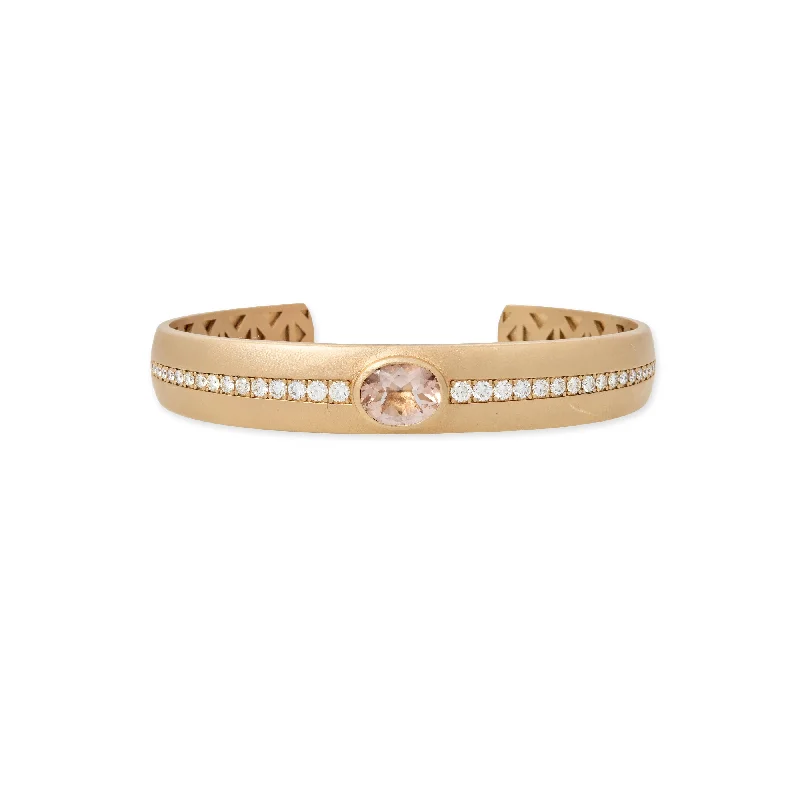 women's bridal bangles -OVAL MORGANITE CENTER + GRADUATED PAVE CUFF