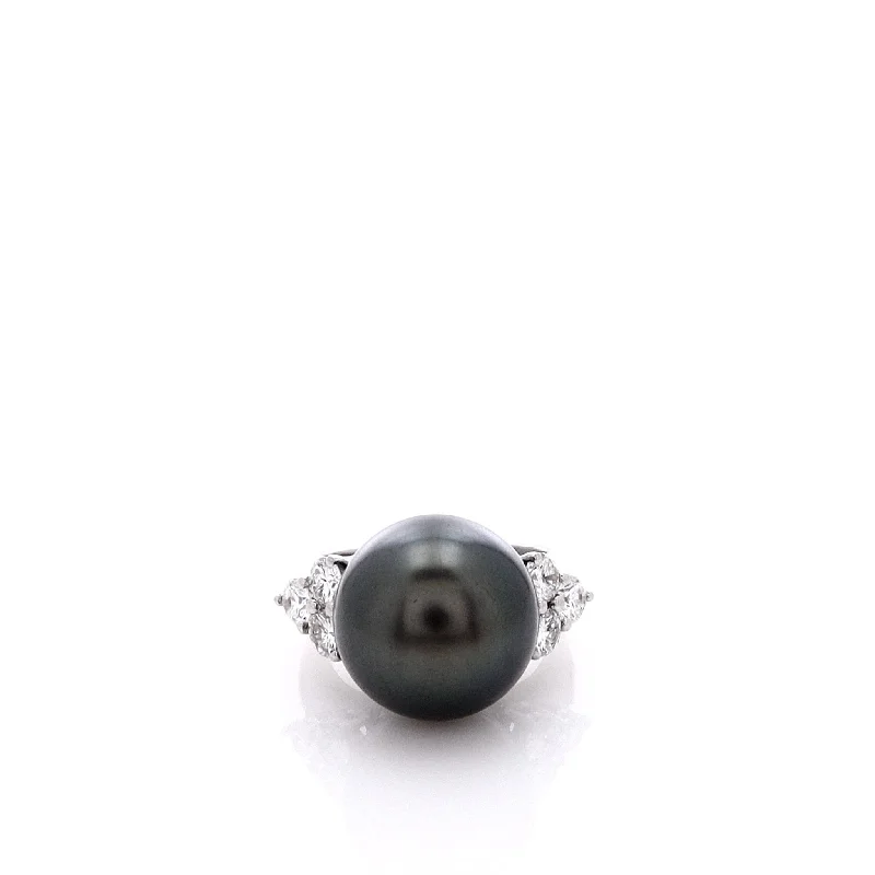 women's gold wedding rings -Estate 18k White Gold Diamond 13mm Grey Tahitian Pearl Ring