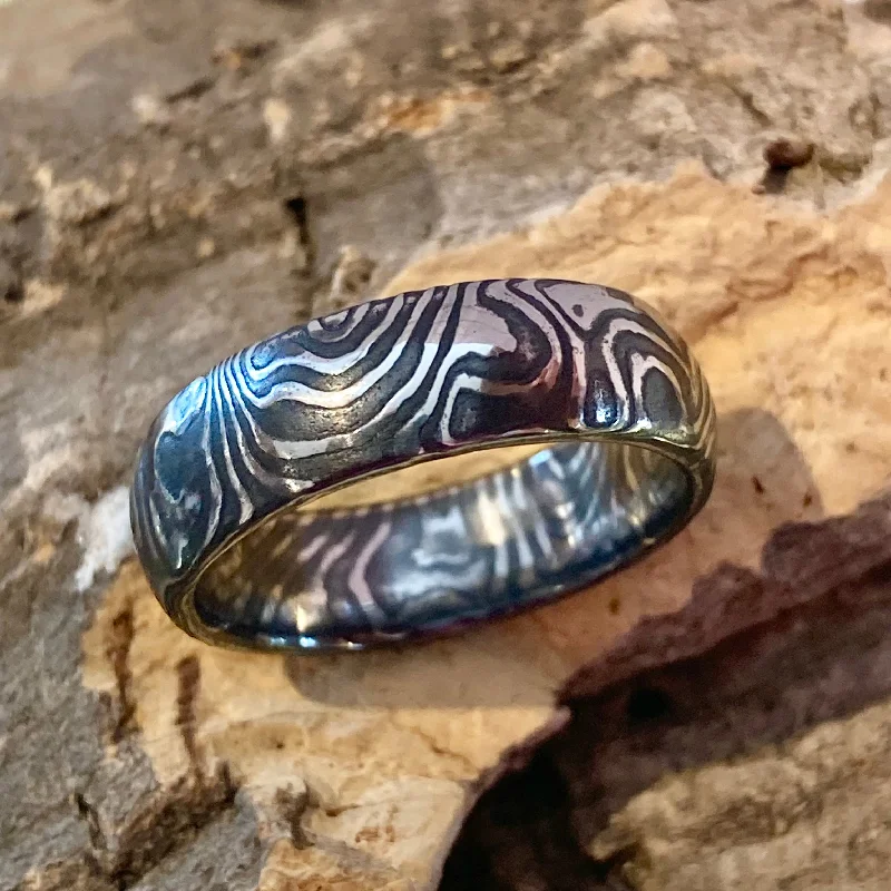 women's statement cocktail rings -Woodgrain Darkened Damascus Steel Mokume Ring