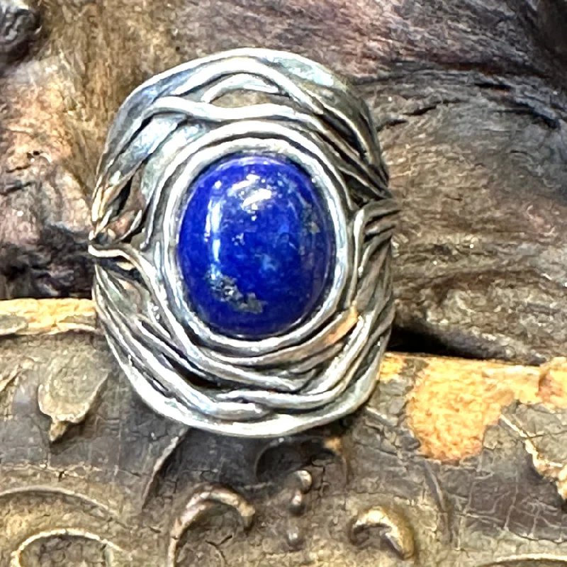 women's adjustable rings -Vintage Sterling Silver Nest Ring Lpais Lazuli Size 7 1/4