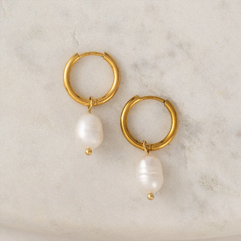 women's gemstone earrings -Gold Oceane Pearl Hoop Earrings