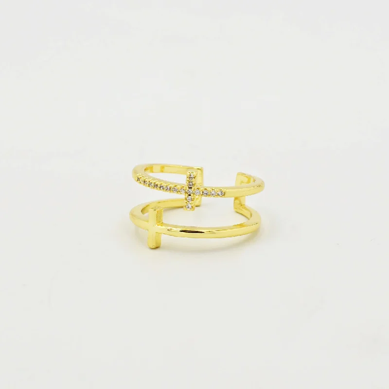 women's trendy rings -Double Cross Ring Gold P8