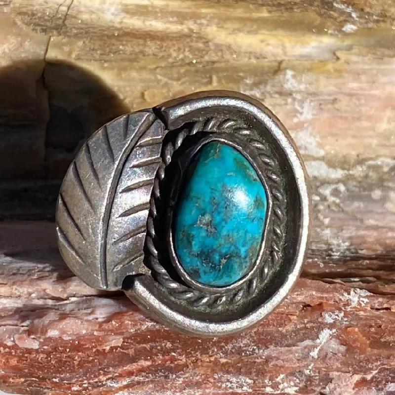 women's diamond rings -Vintage Navajo Turquoise One Feather Ring Sterling Silver 5.75