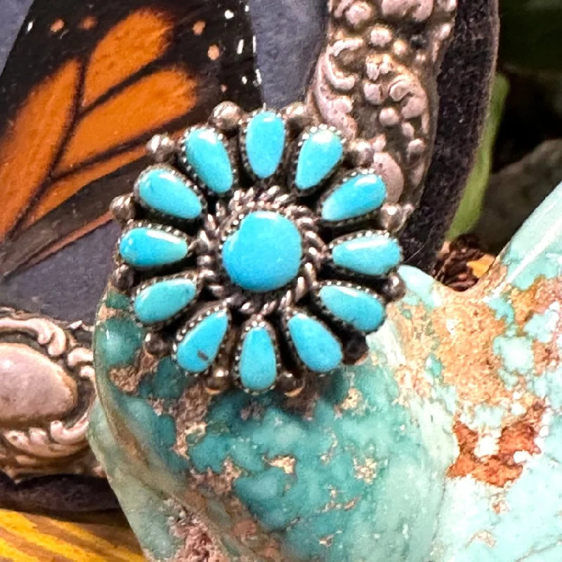 women's high-end rings -Vintage Navajo Sterling Silver Turquoise Rosette Flower Ring 6 3/4