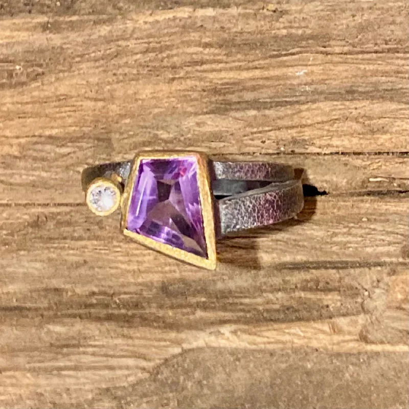 women's luxury gemstone rings -Geometric Amethyst and Diamond Oxidized Sterling Silver Ring