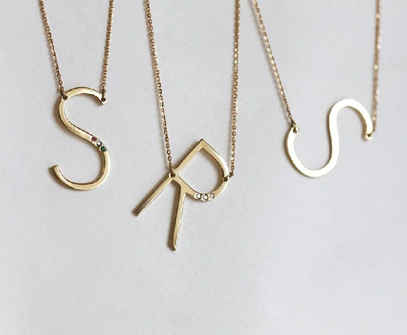 women's choker necklaces -Solid Gold Initial Necklace with Optional Birthstones