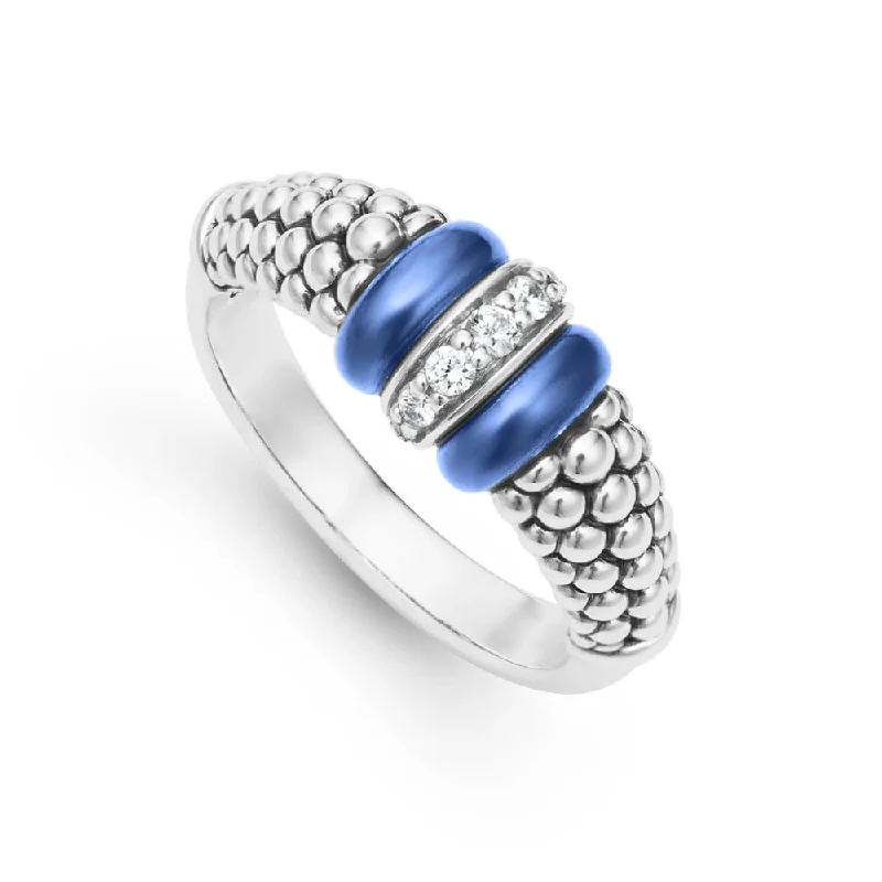 women's heart-shaped rings -Lagos Blue Caviar Ceramic and Diamond Caviar Ring