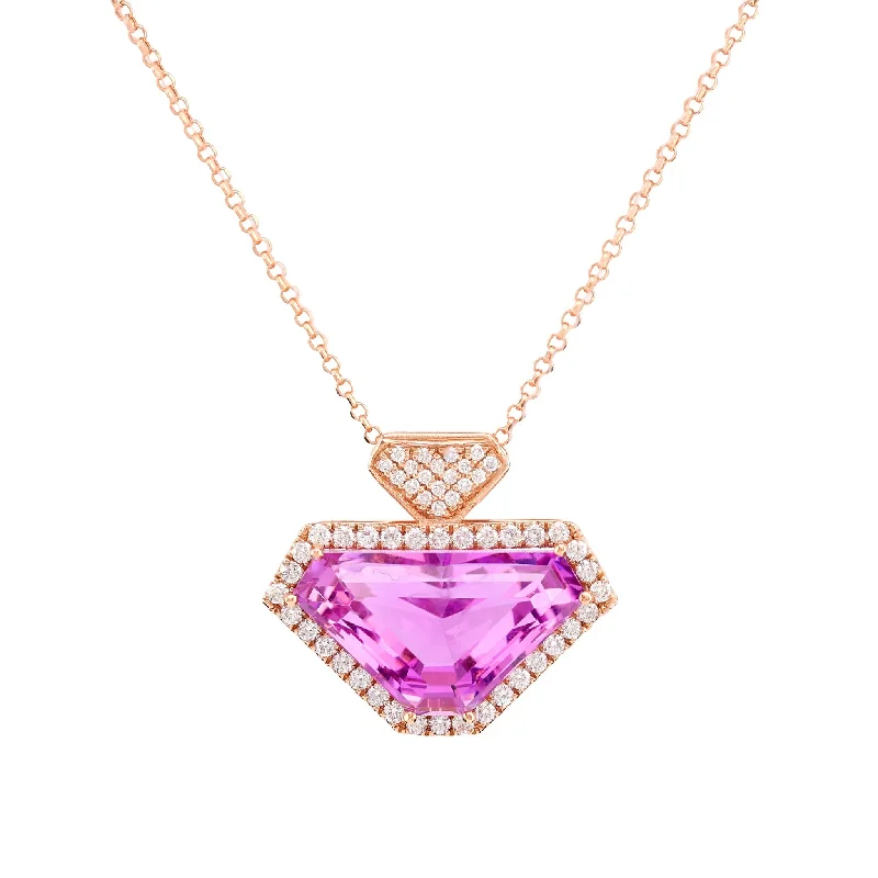 women's crystal-encrusted necklaces -Modern 15 Carat Kunzite Diamond 14K Rose Gold Necklace