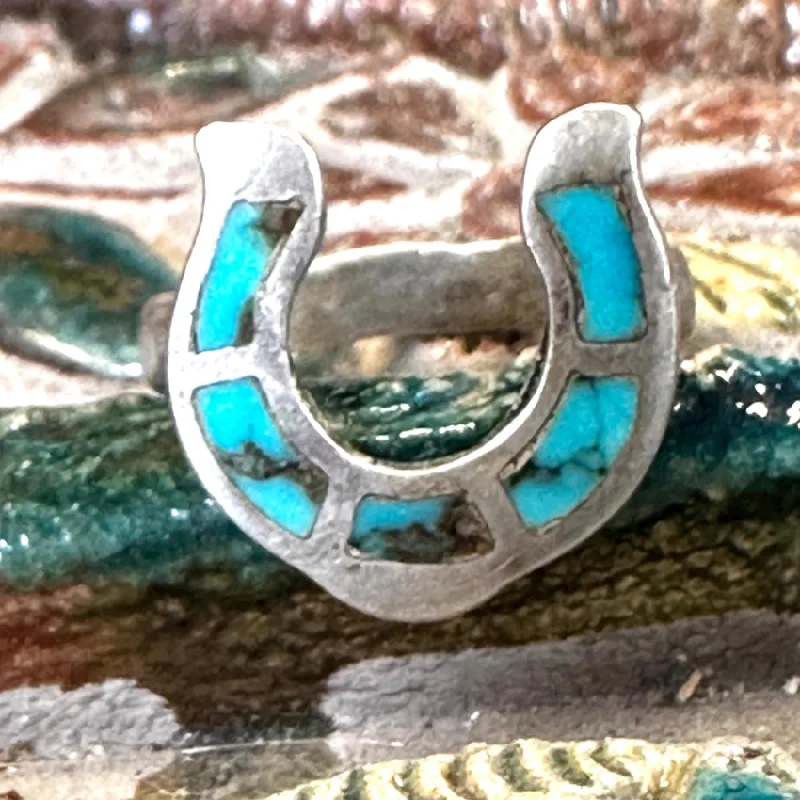 women's luxury gold bands -Old Navajo Sterling Silver & Turquoise Inlay Horseshoe Ring Size 5.5