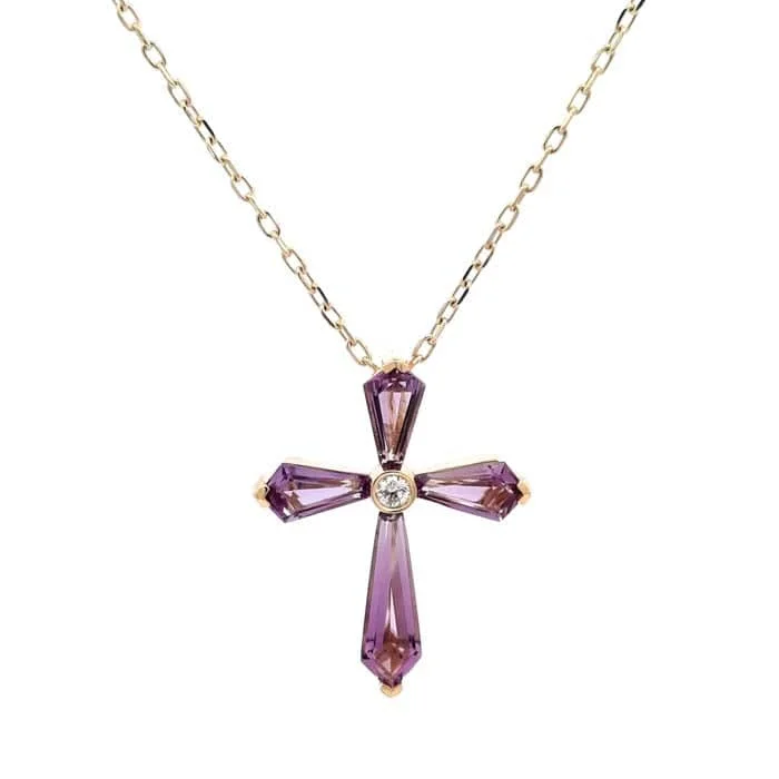 women's diamond necklaces -Charles Krypell Amethyst and Diamond Cross Pendant Necklace in 18K Yellow Gold