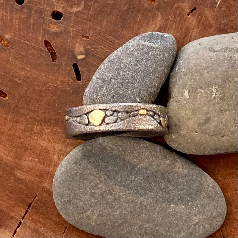 women's unique rings for her -18K Gold and Sterling Silver River Pebbles Textured Oxidized Sterling Silver Stream Ring