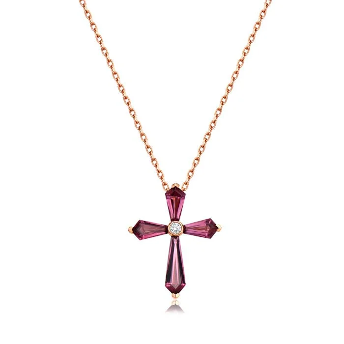 women's infinity necklaces -Charles Krypell Rhodolite Garnet and Diamond Cross Pendant Necklace in 18K Yellow Gold