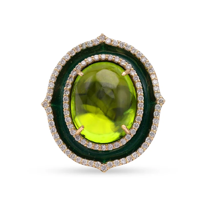 women's glamorous necklaces -Hubert Peridot Diamond Enamel Yellow Gold Cocktail Ring