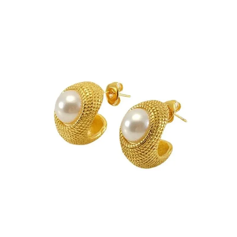 women's classic pearl stud earrings -Gold-Plated Simulated Pearl Stud Earrings – Elegant Vintage Bohemian Earrings