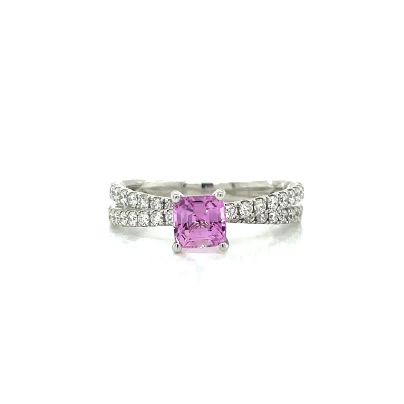 women's sparkling diamond rings -Estate 18k White Gold Pink Sapphire and Diamond Crossover Ring