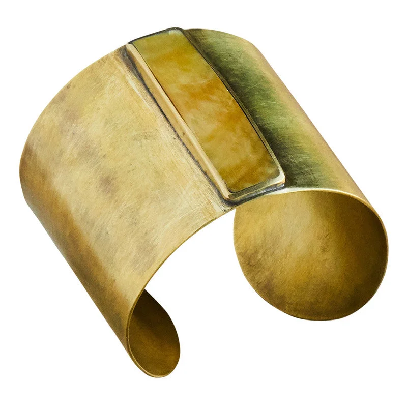 women's modern bangles -Suja Cuff with Bezel Set Rectangle MOP, Brass, Mother of Pearl