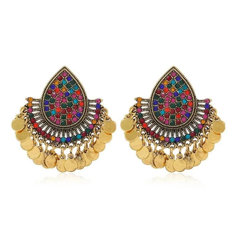 women's luxury gold earrings -Vintage Jhumka Earrings with Colorful Stones and Gold-Tone Finish