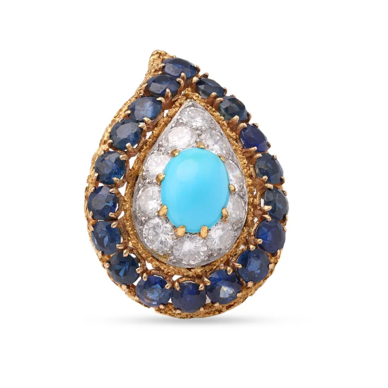 women's diamond necklaces -Mid-Century Turquoise Sapphire Diamond Gold Ring