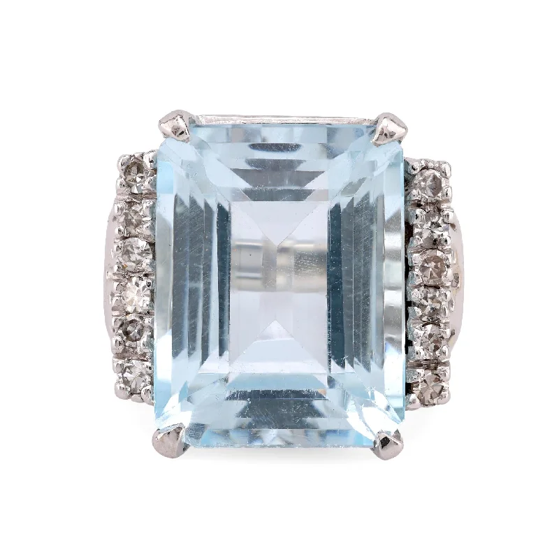 women's glamorous necklaces -Vintage 15.3 Carat Aquamarine Diamond 14K White Gold Cocktail Ring